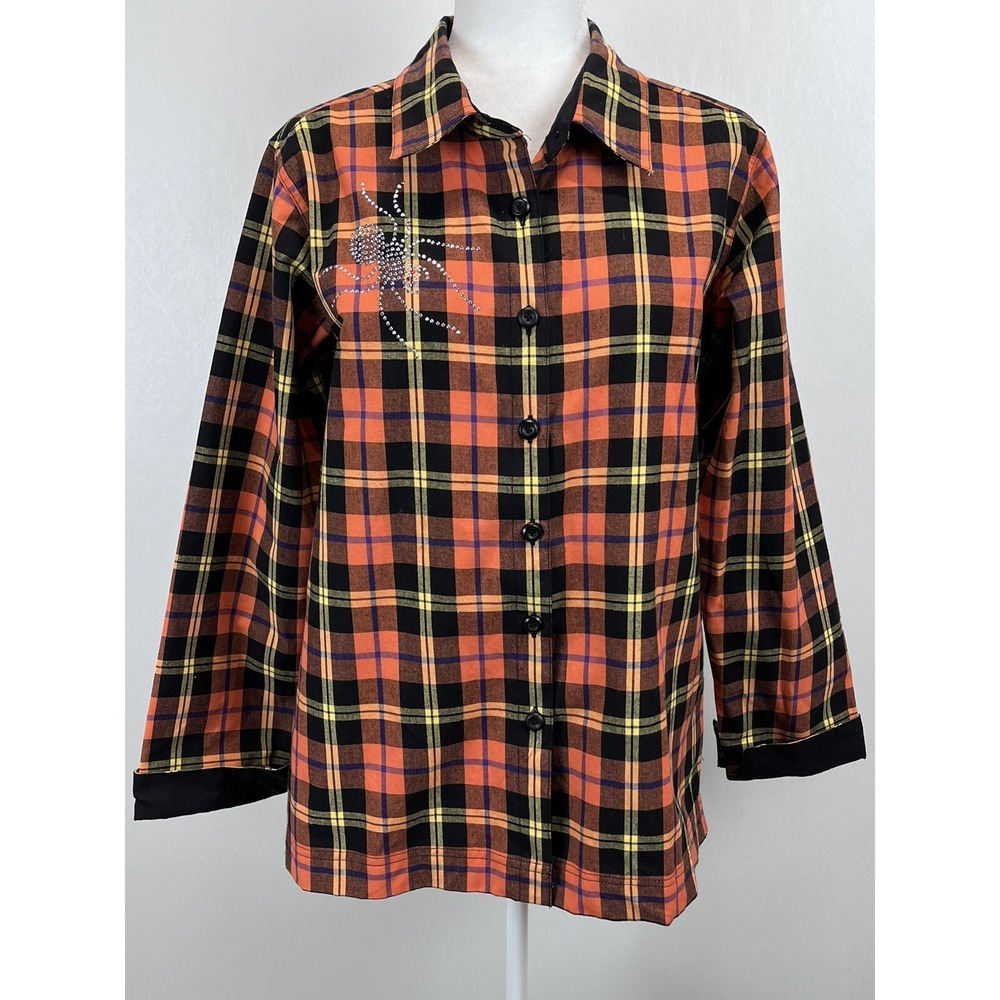 Vtg Krazy Kat Halloween Tartan Plaid Button up Shirt Sz Large Spider Studs